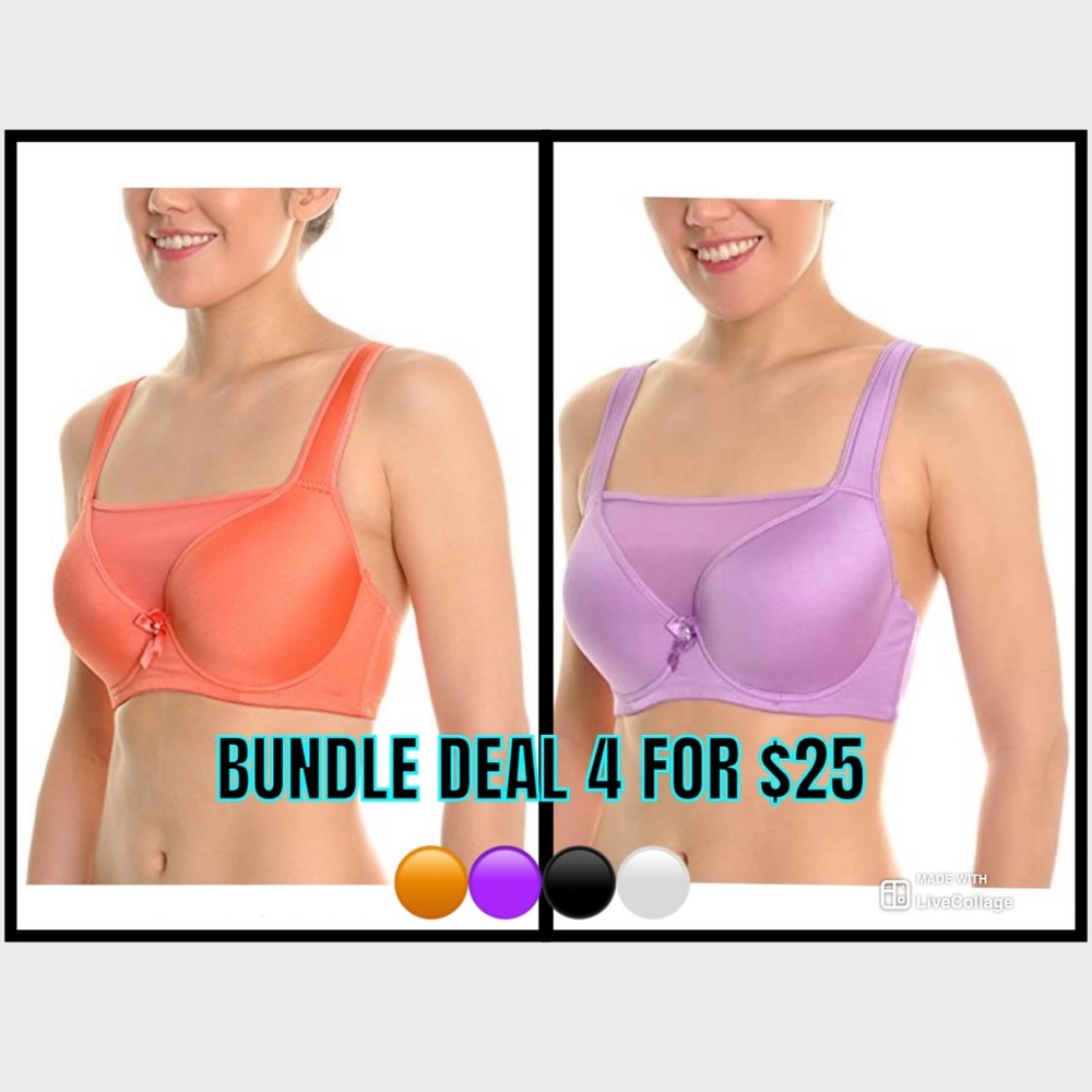 Angelina Wired Full-Coverage Lace Panel T-Shirt Modesty Bras (4-Pack)Bundle Deal